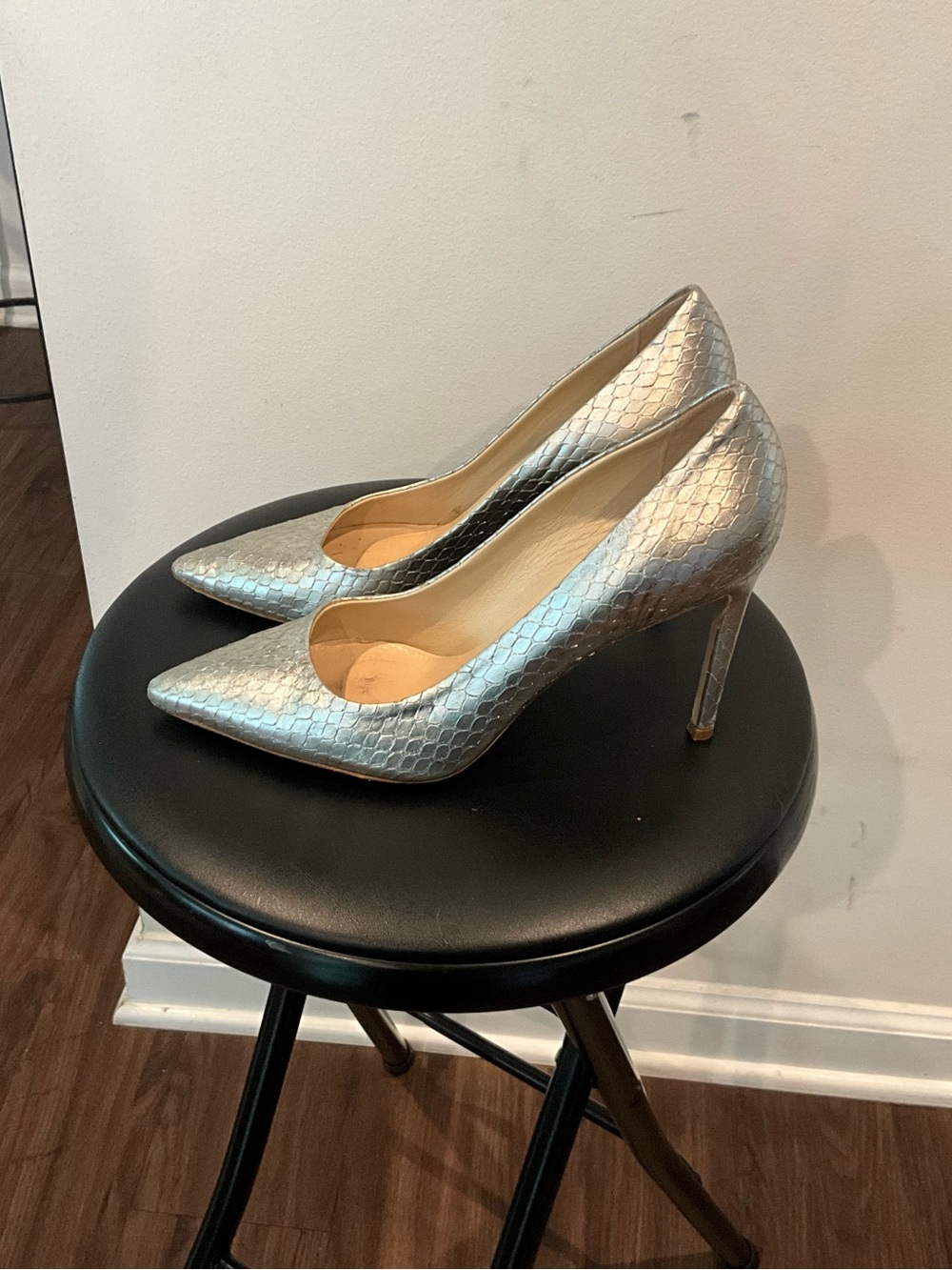 Delman Metallic Silver Pointed-Toe Stiletto Pumps